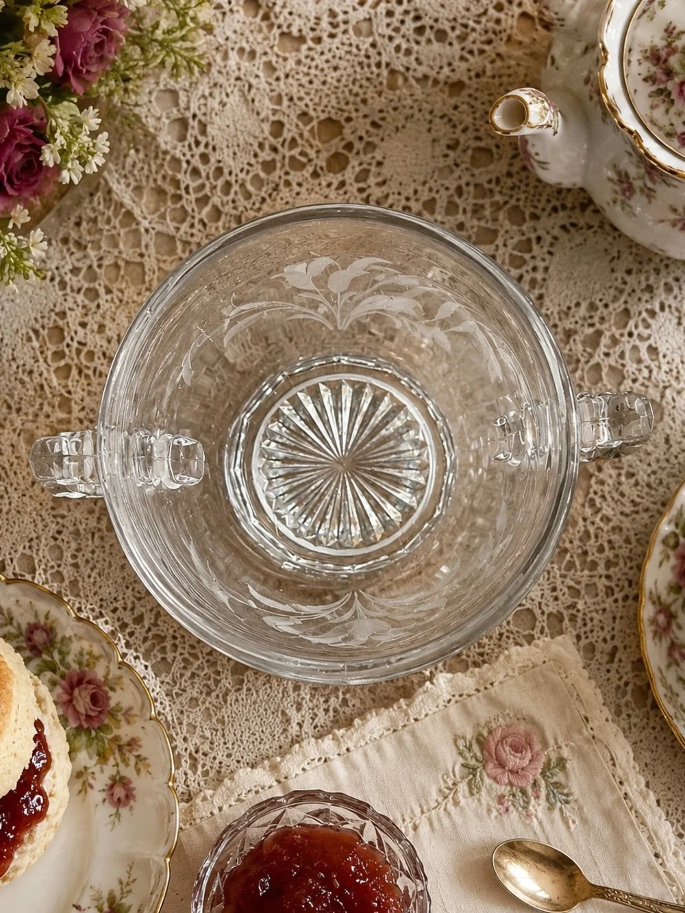 Vintage Etched Glass Double-Handle Sugar Bowl / Spoon Holder
